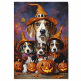 Halloween American Foxhound Dog Family Wall Art with Pumpkins and Witch Hats Fall Rustic Farmhouse Decor for Dog Lovers on Ready to Hang 1.5" Thick Canvas Wrap, Floating Framed Canvas, Flat Rolled Canvas